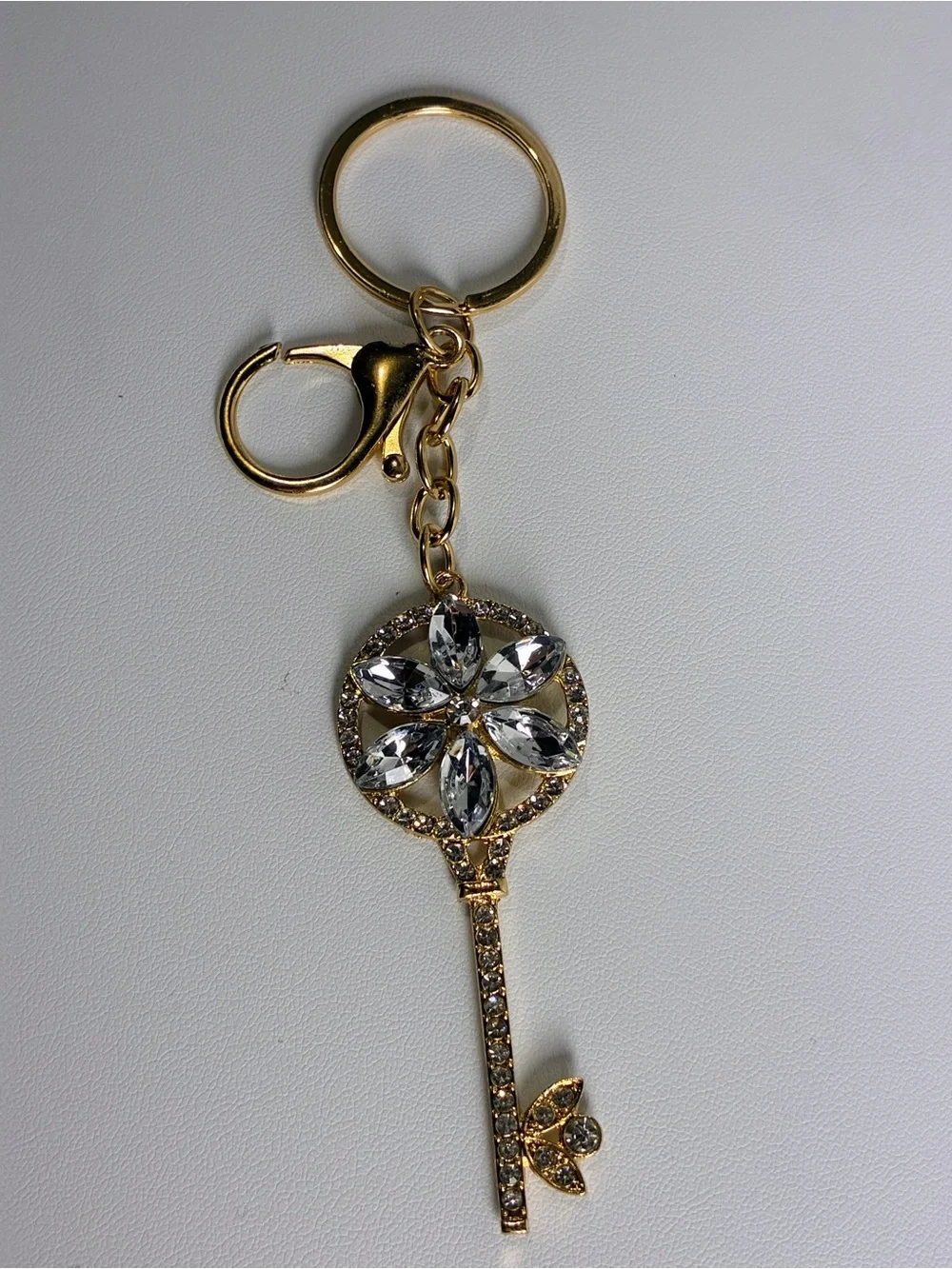 Gold Key Charm with Clear Crystal White Flower Petals New Without Tags